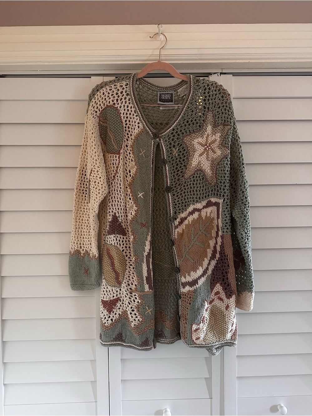 VTG Sigrid Olsen Hand Knit Beaded Patchwork Open-Weave Cardigan